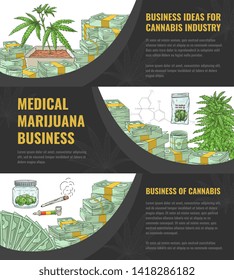 Vector illustration set of business idea for marijuana industry horizontal banners with hand drawn cannabis plant and leaf - concept of legalization and medical use of sativa.