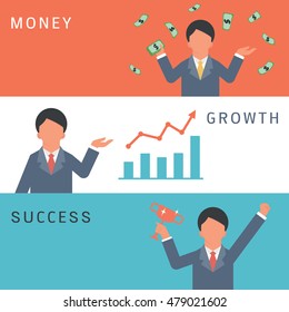 Vector illustration set of business man character holding money in wealthy concept, presenting rising graph in growing business, and holding trophy in winning. Flat design with simple design. 