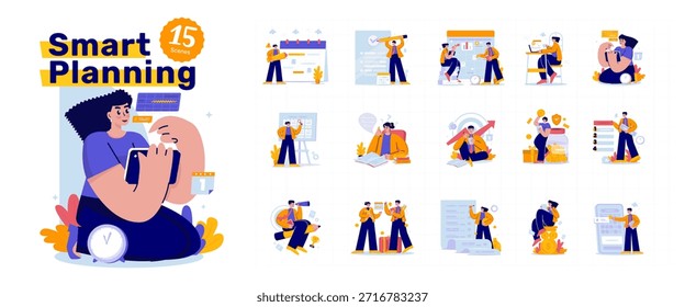 Vector illustration set of business planning goals and organizing work schedules. Scenes of work productivity, project management, and goal setting.