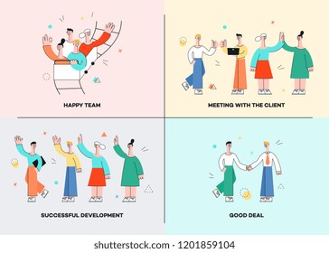 Vector illustration set of business theme banners with various working situations and process on pastel backgrounds - modern flat successful businessmen and women interacting with each other.