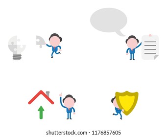 Vector illustration set of businessman  carrying puzzle to light bulb, with speech bubble and written paper, with arrow moving up under house roof, running and carrying guard shield.