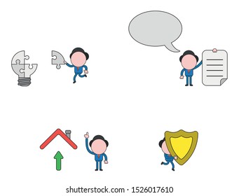 Vector illustration set of businessman carrying missing jigsaw puzzle piece to light bulb puzzle, with speech bubble and holding written paper, with arrow moving up under house r