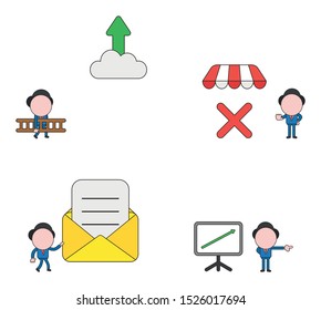 Vector illustration set of businessman carrying wooden ladder to reach arrow up on cloud, with x mark under shop store awning, walking and holding mail envelope with written paper and sales