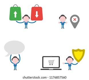Vector illustration set of businessman character holding shopping bags with arrows up, down, map pointer and x mark, holding up speech bubble and holding guard, pointing shopping cart inside laptop.