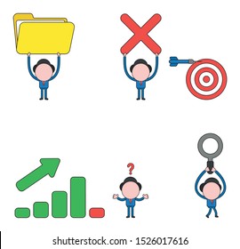 Vector illustration set of businessman character holding up open file folder, x mark and bulls eye with dart miss the target, with sales bar graph moving up and down, walking and carrying magnifying g