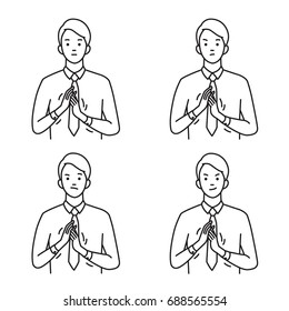 Vector illustration set of businessman gesturing in rubbing hands, body language means to excited, simple cold, positive expectation. Contour, outline, line, hand draw sketching style, simple design.