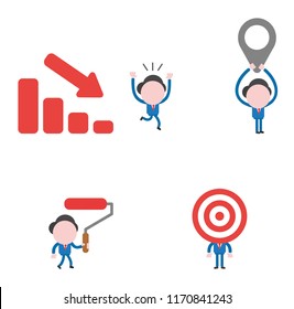 Vector illustration set of businessman mascot character running away from sales bar moving down, holding up map pointer, holding and walking paint roller brush and with bulls eye head.