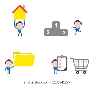 Vector illustration set of businessman mascot character walking and carrying house, running to winners podium, holding open file folder and holding clipboard with x marks and shopping cart.