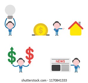 Vector illustration set of businessman mascot character holding up light bulb, with dollar coin into moneybox and pointing house, holding dollar money symbols with arrow moving up and down and h