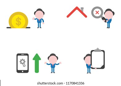 Vector illustration set of businessman mascot character with dollar coin inside moneybox, holding magnifier with x mark to house roof, smartphone with gears and arrow up, holding clipboard with