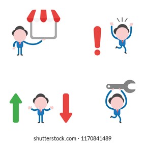 Vector illustration set of businessman mascot character holding shop store, running away from exclamation mark, between arrow moving up and down, running and carrying spanner.