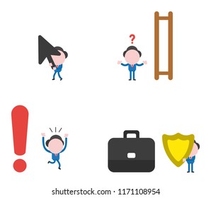 Vector illustration set of businessman mascot character walking and holding mouse cursor arrow, confused about wooden ladder with missin steps,running away from big exclamation mark and with breifcase