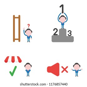 Vector illustration set of businessman mascot character confused about ladders missing steps, holding up number one at first place of winners podium, with check mark under shop store, with sound off.
