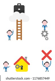 Vector illustration set of businessman mascot character reach briefcase with ladder on cloud, on gears, unlock house with key, carrying x mark.