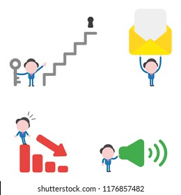 Vector illustration set of businessman mascot character holding key and pointing keyhole at top of stairs, holding up envelope with paper, on top of sales bar graph down and holding sound on symbol.