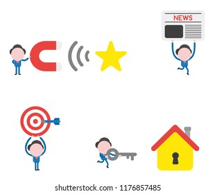 Vector illustration set of businessman mascot character holding magnet and attracting star, carrying newspaper, holding up bulls eye and dart in the center, carrying key to unlock house.
