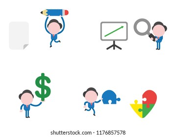 Vector illustration set of businessman mascot character running and carrying pencil to blank paper, holding magnifying glass to sales chart arrow up, carrying missing puzzle piece to heart puzzle.