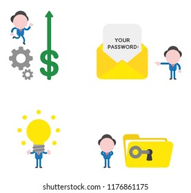 Vector illustration set of businessman mascot character running on gears and dollar arrow moving up, pointing your pasword mail envelope, with glowing light bulb idea and key unlock file folder.