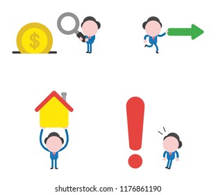 Vector illustration set of businessman mascot character holding magnifying glass to dollar coin inside moneybox, running and holding arrow, holding up house and looking big exclamation mark.