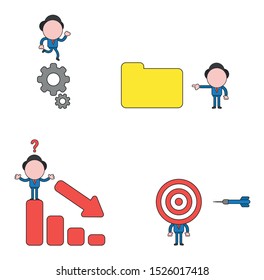 Vector illustration set of businessman mascot character running on gears, with closed file folder, on top of sales bar chart moving down and with bulls eye head and dart.