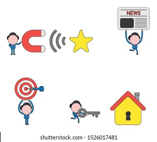 Vector illustration set of businessman mascot character holding magnet and attracting star, carrying newspaper, holding up bulls eye and dart in the center, carrying key to unlock house.