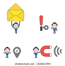 Vector illustration set of businessman mascot character holding up open envelope, unlock exclamation mark keyhole with key, with map pointer and check mark, holding magnet and attracting.
