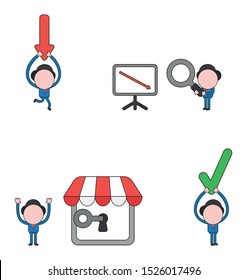 Vector illustration set of businessman mascot character carrying arrow down, holding magnifying glass to sales chart arrow down, unlock store and holding up check mark.