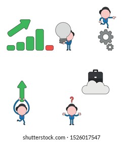 Vector illustration set of businessman mascot character with sales bar graph moving up and down and holding grey light bulb, running on gears, carrying arrow up, confused about briefcase on cloud.