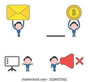 Vector illustration set of businessman mascot character holding up closed mail envelope and dollar money coin with moneybox, with three check marks inside presentation chart, holding sound off symbol.