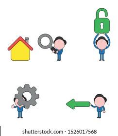 Vector illustration set of businessman mascot character holding magnifying glass to house, holding up opened padlock, holding gear and arrow.