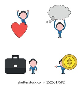 Vector illustration set of businessman mascot character sitting on heart, holding up thought bubble, with briefcase, holding dollar money coin and pointing.