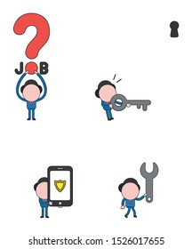 Vector illustration set of businessman mascot character holding up job with question mark, holding key and looking keyhole above, holding smartphone with guard shield, walking and holding spanner.