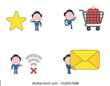 Vector illustration set of businessman mascot character with star, running to shopping bag inside shopping cart, with wifi wireless symbol and x mark, holding closed mail envelope.