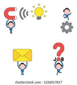 Vector illustration set of businessman mascot  holding up magnet attracting glowing light bulb idea, running on gear, holding up closed mail envelope, running and carrying question mark with job word.