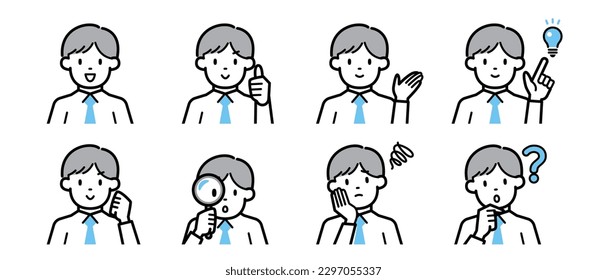 Conjunto de ilustraciones vectoriales de un empresario con diversas expresiones y poses