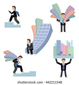 Vector illustration set of businessmans with houses standing sitting going on chart, isolated on white background.; Business concept the real estate market.