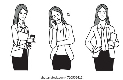 Vector illustration set of businesswoman talking, chatting on smartphone, take coffee cup, various office worker lifestyle. Outline, linear, thin art line, hand draw sketching style, simple design.