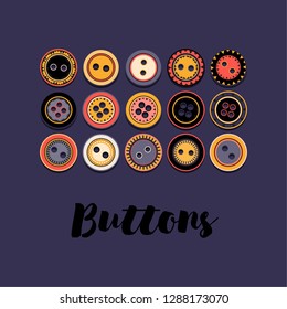 Vector illustration of set of buttons on dark blue background. Contrast colors, black, orange details. Cute cartoon design for handmade lovers, wrapping, greetings cards etc