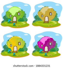 vector illustration set of cabbage fruit house with grass and cloud