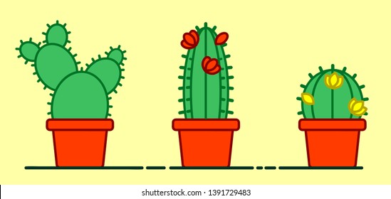 Vector illustration set, cactus in flower pots