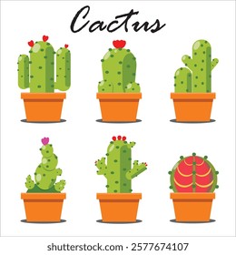 vector illustration, set of cactus plant in pot, in several types  