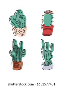 Vector illustration set with cactuses. Depiction of potted green plants. Houseplants. Cacti, succulent.