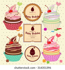 Vector illustration of set of cakes, cupcakes