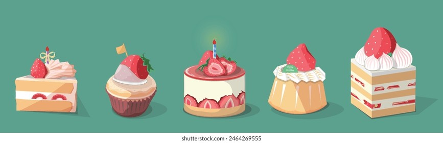 Vector illustration set of cakes decorated with cream and strawberries. Perfect for birthday card, postcards, wrapping paper, fabric, icon design, baby shower and festive decor.