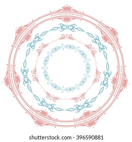 Vector illustration of a set of calligraphic circle frames and brushes for scrapbook and other designs in trendy pink and light blue colors