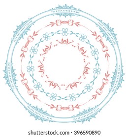 Vector illustration of a set of calligraphic circle frames and brushes for scrapbook and other designs in trendy pink and light blue colors