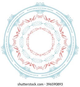 Vector illustration of a set of calligraphic circle frames and brushes for scrapbook and other designs in trendy pink and light blue colors