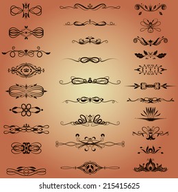 Vector illustration of a set of calligraphic dividers and floral page elements