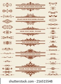 Vector illustration of a set of calligraphic dividers and floral page elements