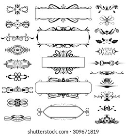 Vector illustration of a set of calligraphic dividers and floral page elements, corners and frames for scrapbook and other designs